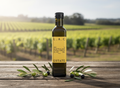 Bottle of L.A.C. Estate olive oil with olive branches on a wooden surface with a vineyard background