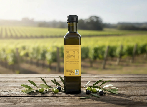 Bottle of olive oil with a label on a wooden surface in front of a vineyard.